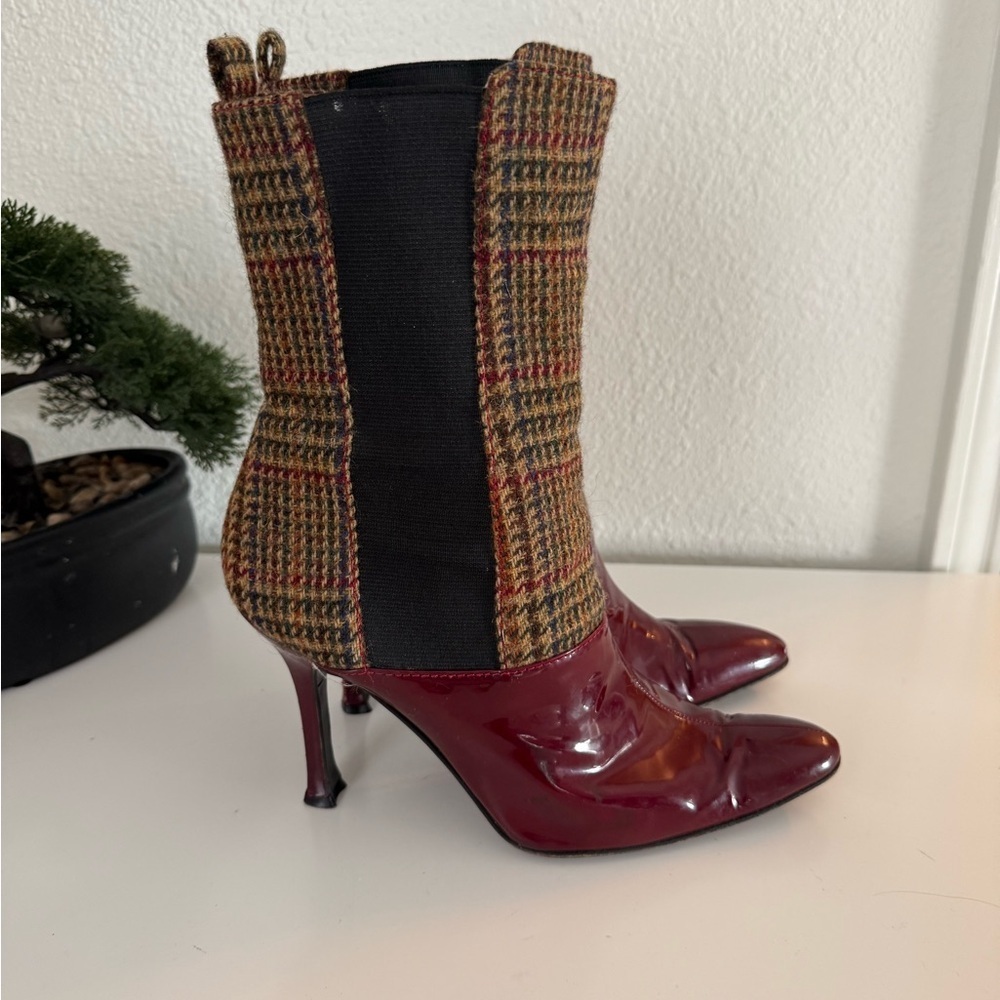 Dolce & Gabbana Burgundy and Plaid Heeled Boots - Picture 1 of 10